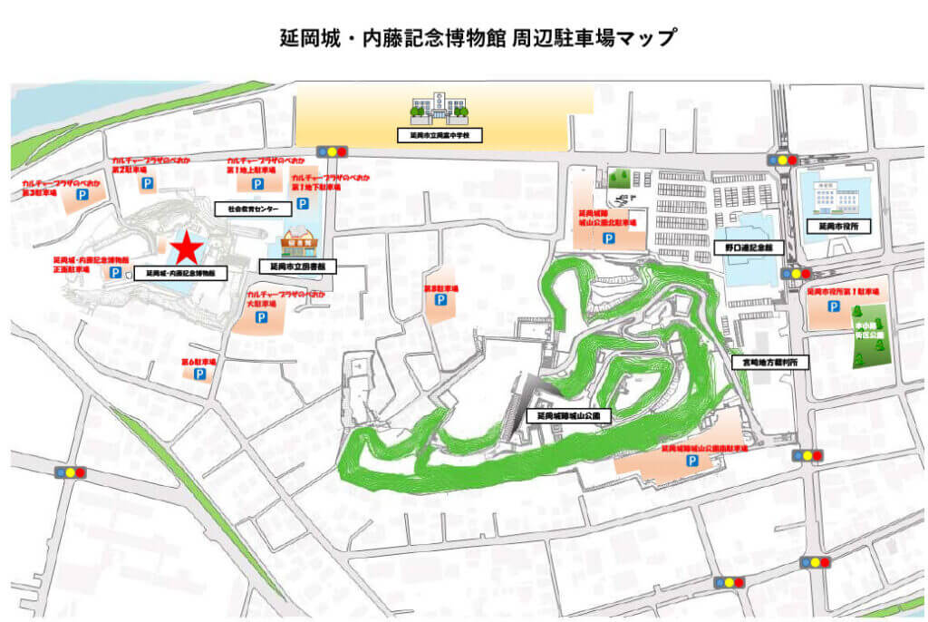 延岡城・内藤記念博物館周辺駐車場マップ